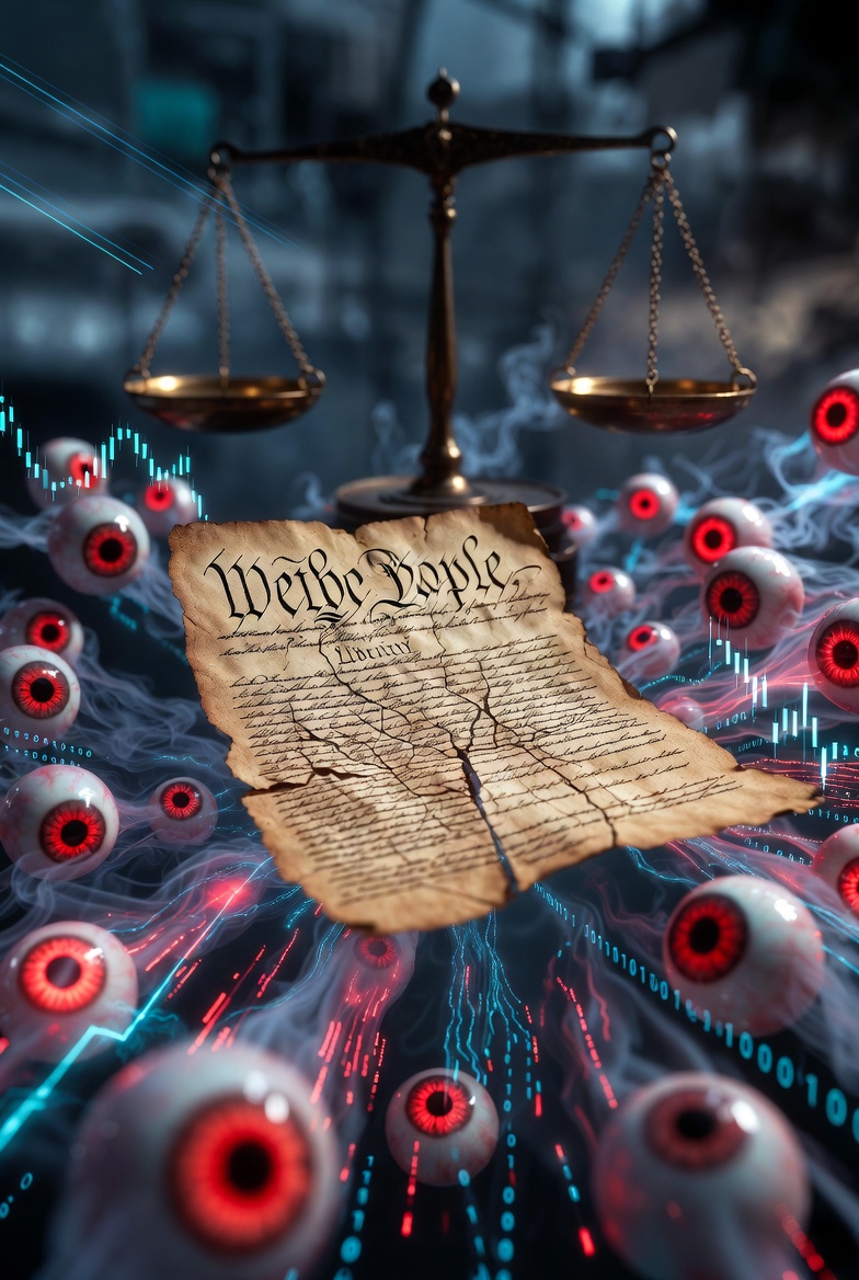 Cracked U.S. Constitution document floating amid glowing red AI surveillance eyes, digital data streams, and unbalanced scales of liberty versus temporary safety