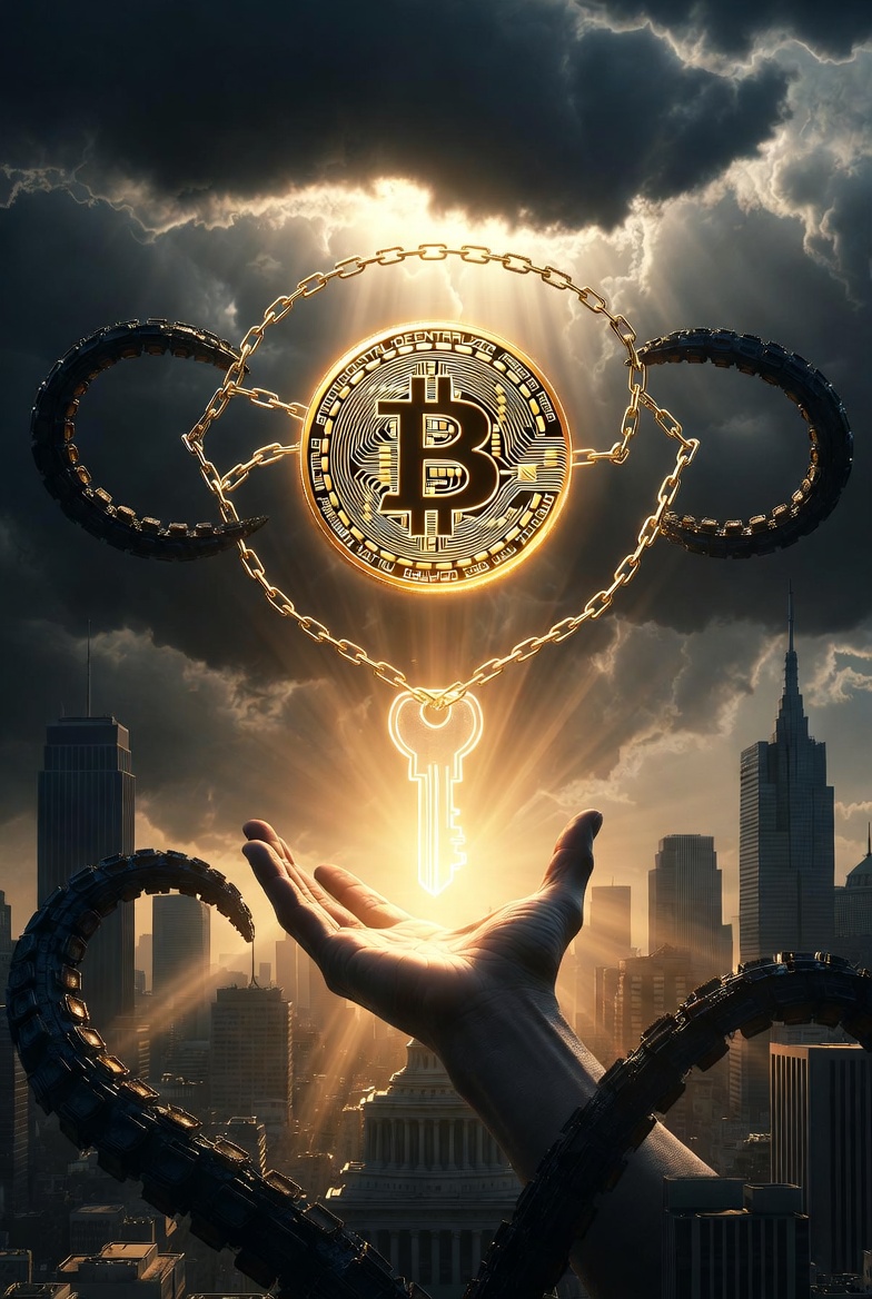 Glowing Bitcoin surrounded by golden blockchain chains breaking free from dark tentacles of banking and government control, with a radiant key of ownership held in an open hand