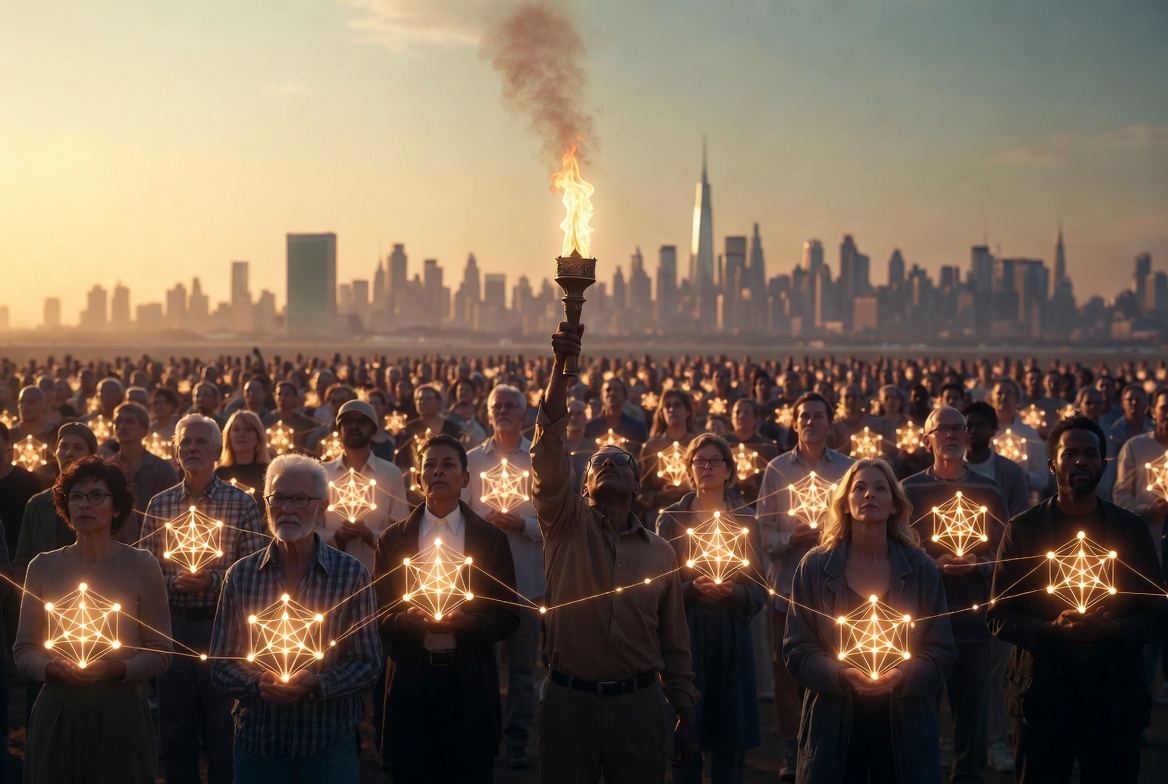 Diverse global crowd of people of all ages and backgrounds holding glowing blockchain network nodes and a shared liberty torch, with New York City skyline and UN building at sunrise