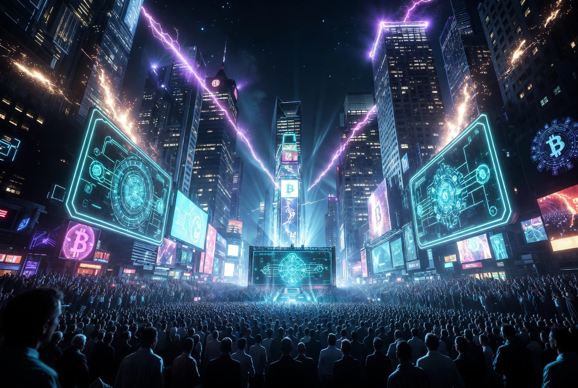 Dynamic futuristic scene of UN Blockchain Week 2026 in Times Square with holographic blockchain screens, neon lights, and a large crowd of visionaries