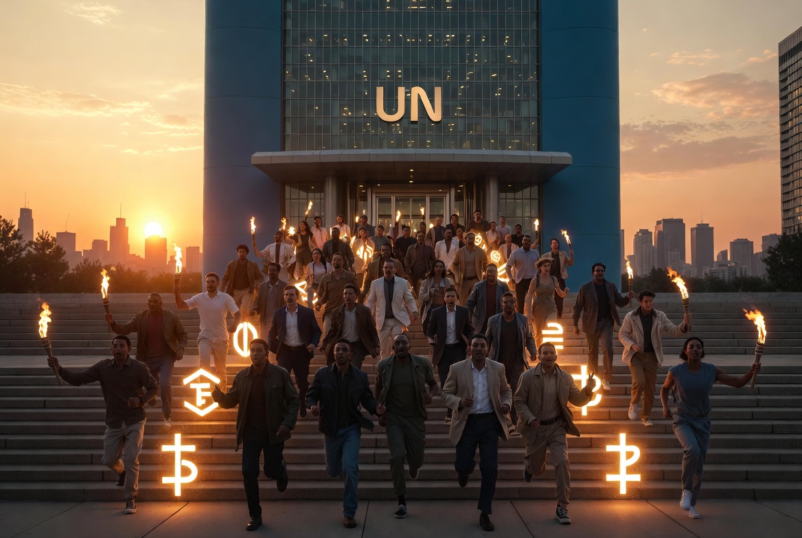 Diverse group of innovators, freedom fighters, and leaders ascending the steps of the United Nations headquarters at sunrise, carrying torches and glowing blockchain symbols