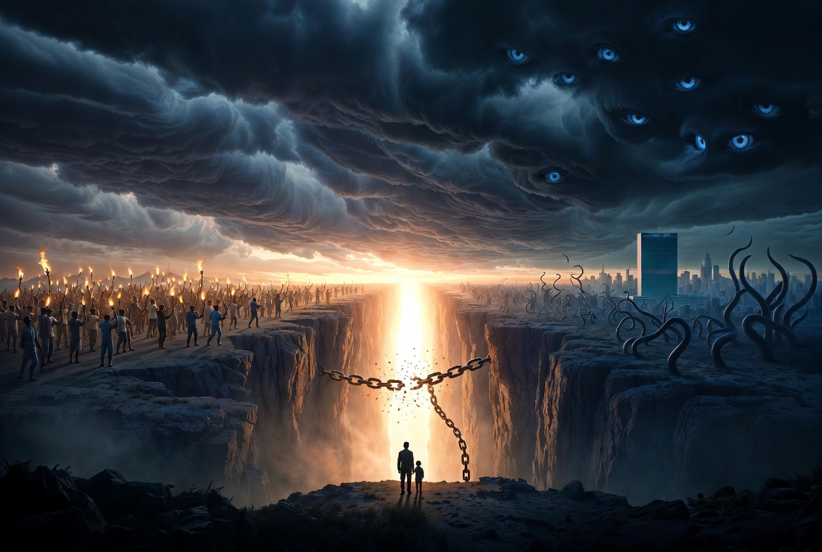 Dramatic precipice scene with parent and child looking toward a hopeful blockchain future of freedom on one side and a dystopian surveillance AI world of control on the other, New York City and UN headquarters in the distance